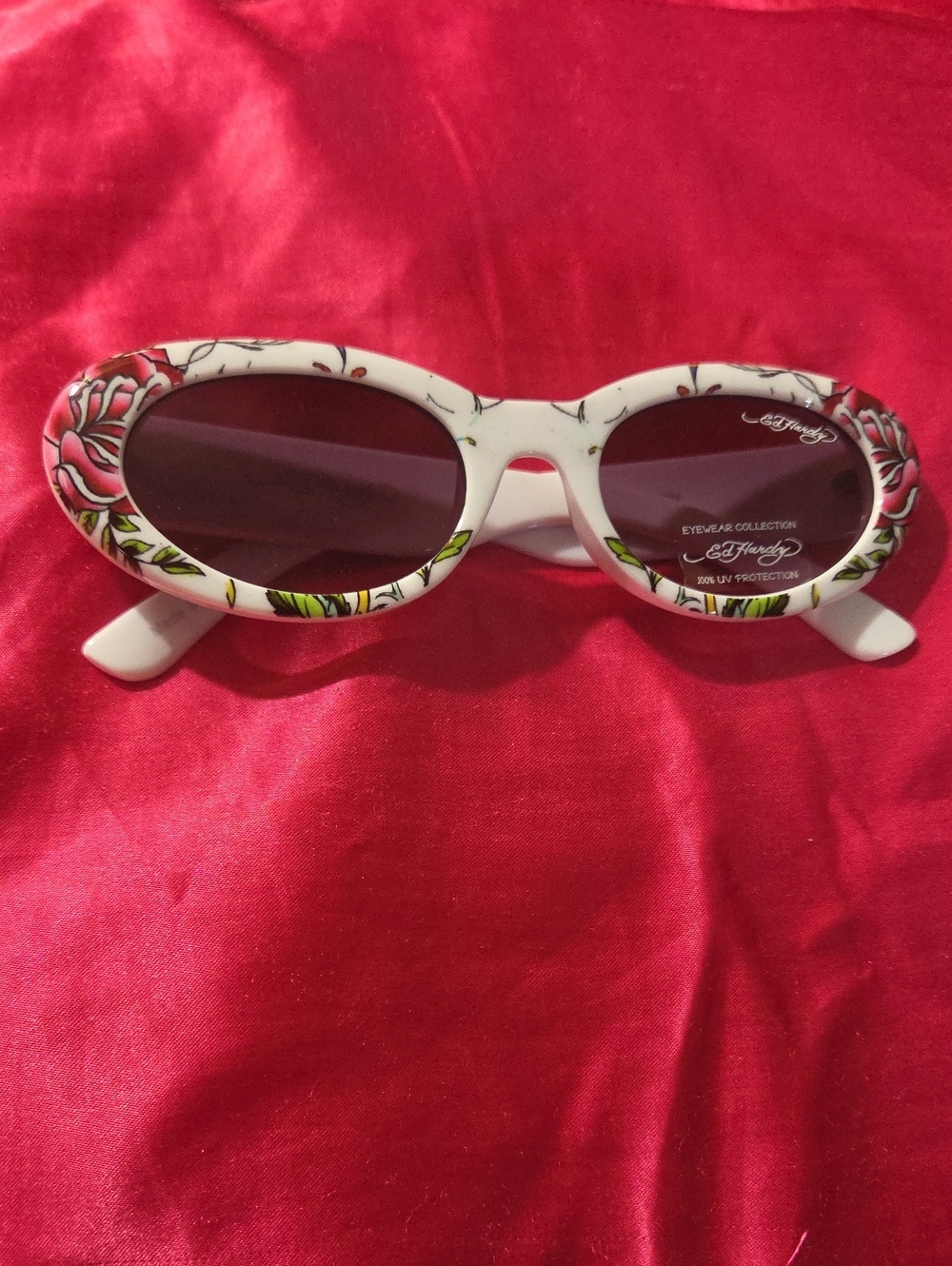 Ed Hardy White Oval Sunglasses with Pink Rose Accents